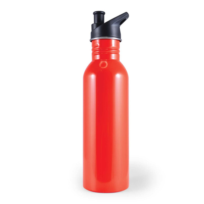 A drink bottle with a glossy red finish and a black lid featuring a spout. It has a logo on it.