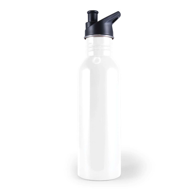 A drink bottle in a sleek, minimalist design with a white body and a black spout cap.