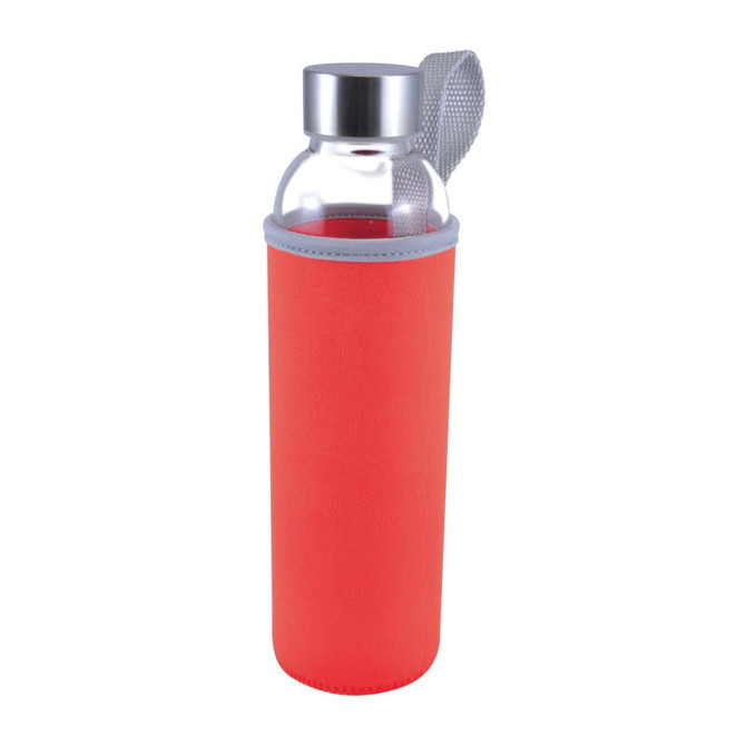 A drink bottle with a clear glass body and a red neoprene sleeve, featuring a silver lid and a carry loop.