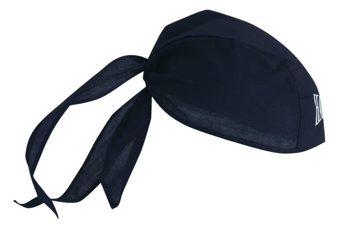 A navy 3 Panel Bandanna with ties, featuring a logo on the side, is displayed against a white background.