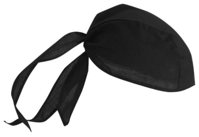 A black three-panel bandanna with ties for secure fastening, featuring a simple design and a logo.