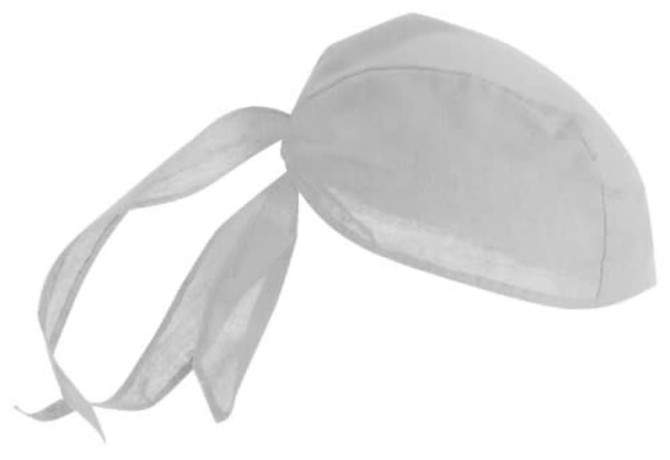 A white three-panel bandanna with ties, designed for headwear. It has a simple, clean design and includes a logo.