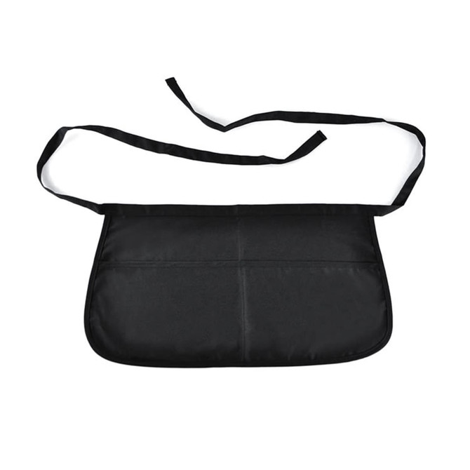 A black apron with adjustable ties and a smooth surface, featuring a simple design without additional embellishments.