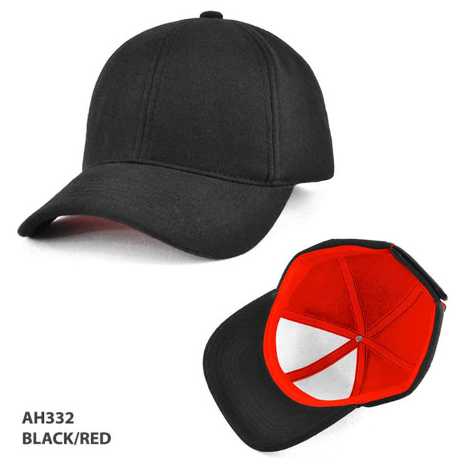 A black and red cap featuring a curved brim and an inner lining in red. It has a logo on the side.