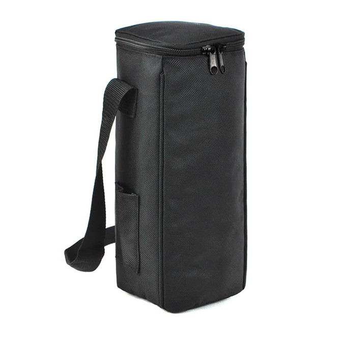 A black cooler bag with a zip closure and a shoulder strap, featuring one side pocket and a logo.