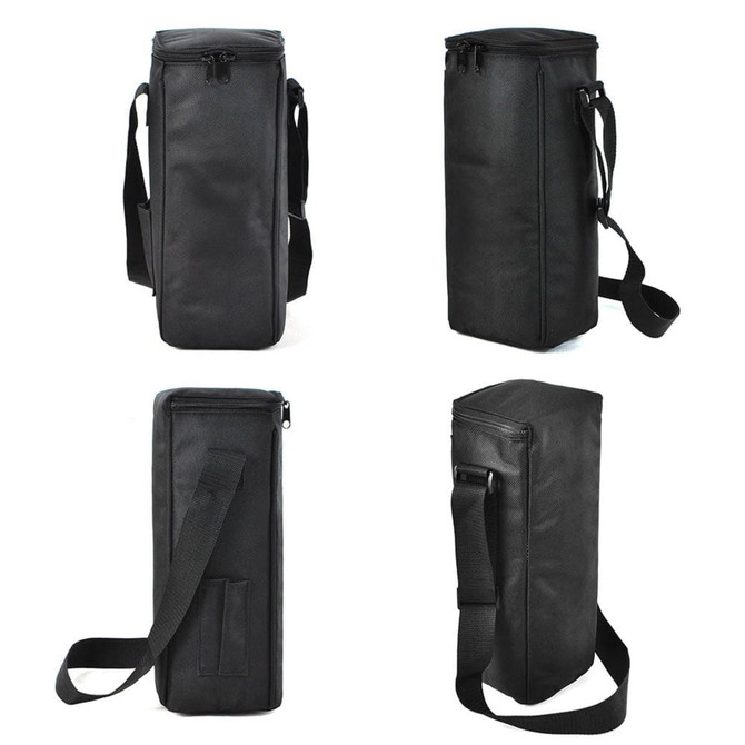 A black cooler bag with a zippered top and adjustable shoulder strap, featuring a simple design and a logo.
