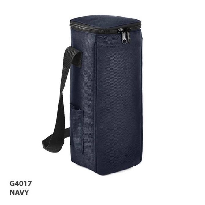A navy cooler bag with a zippered top, side pocket, and a shoulder strap for easy carrying.