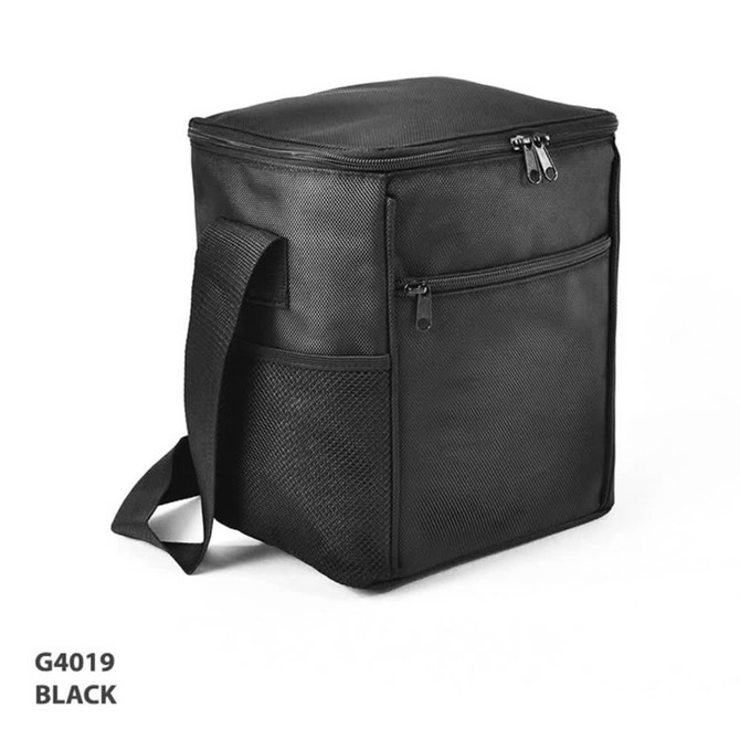 A black cooler bag with a zip closure, side pockets, and an adjustable shoulder strap. It features a logo.