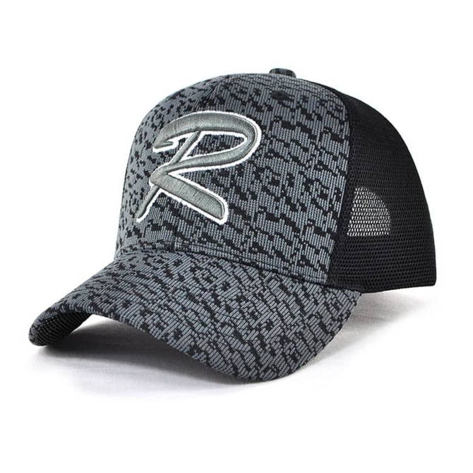 A grey cap with a patterned front, black mesh sides, and a logo on the front.