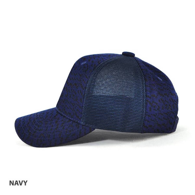 A navy cap with a textured pattern and mesh back, featuring a logo on the side.
