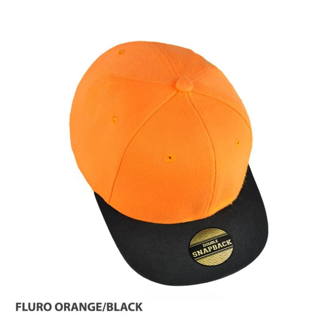 A fluro orange cap with a black peak and a logo on the front. It features a snapback design.