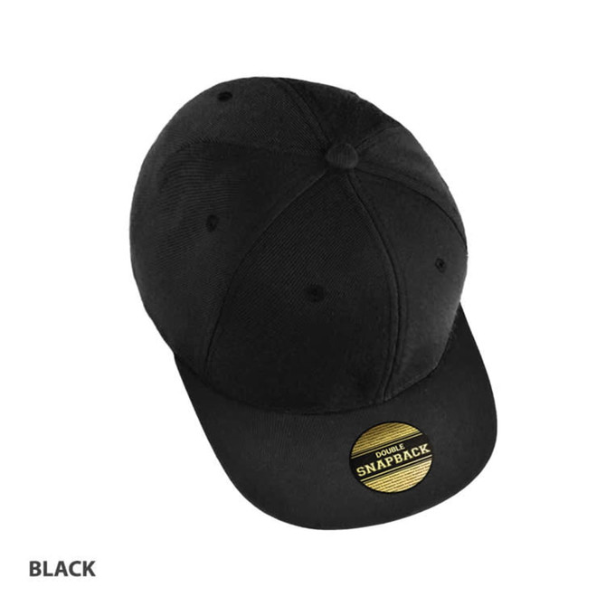 A black cap with a flat brim and a snapback closure, featuring a logo on the front.