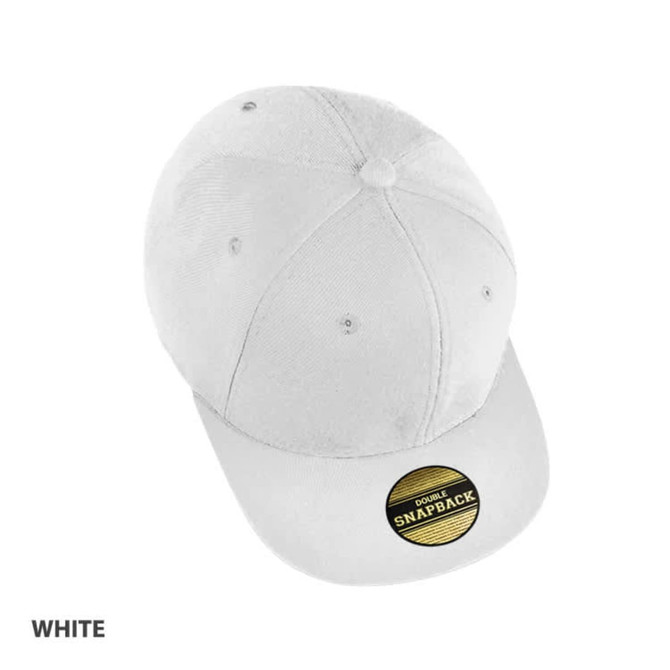 A white snapback cap with a round crown and a flat brim, featuring a logo on the front.
