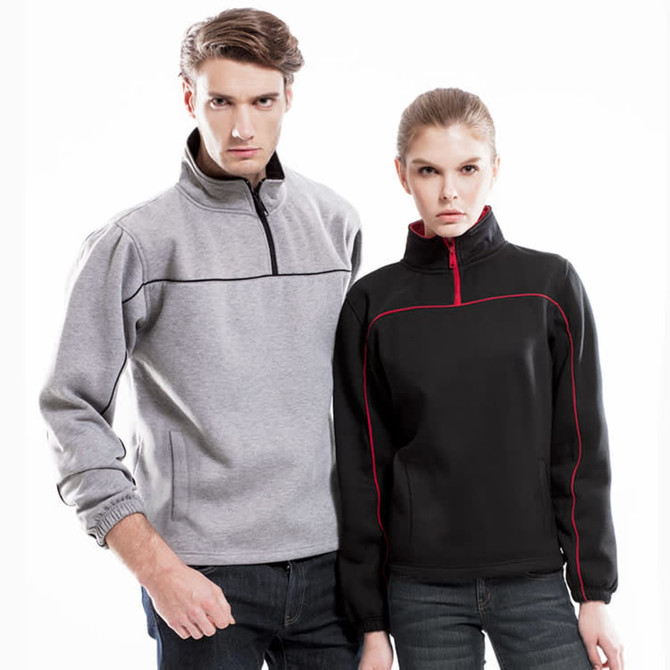 A grey and a black polar fleece jacket are displayed on male and female models, each featuring a zip collar and contrasting details.