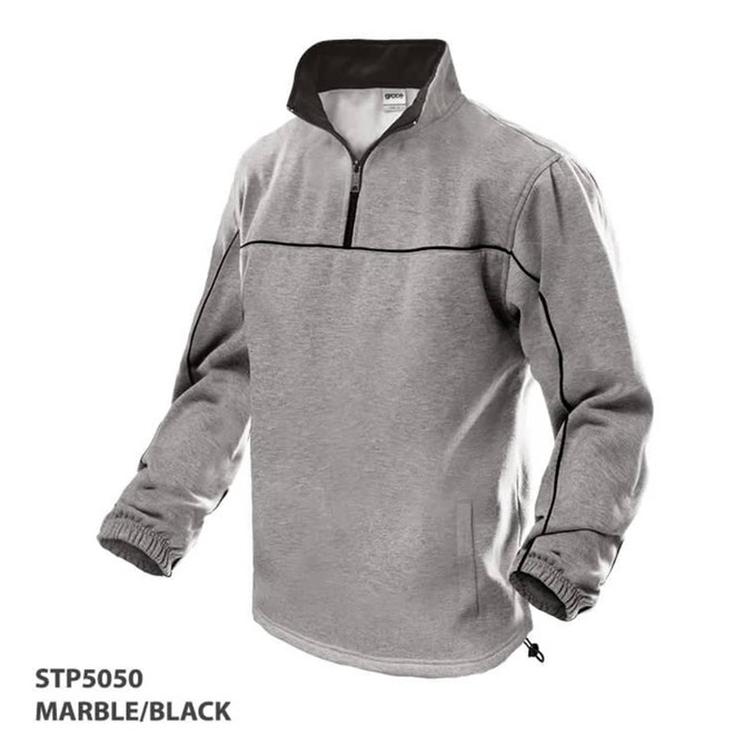 A polar fleece jacket in marble and black, featuring a half zip and elastic cuffs. It has a logo on the design.