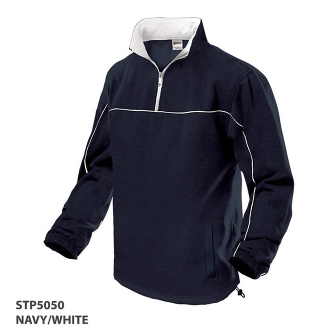 A navy and white polar fleece jacket with a half-zip collar and elastic cuffs, featuring a logo.