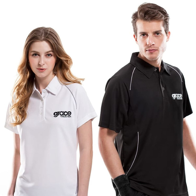 A white polo shirt and a black polo shirt are displayed, each with a logo on the front.