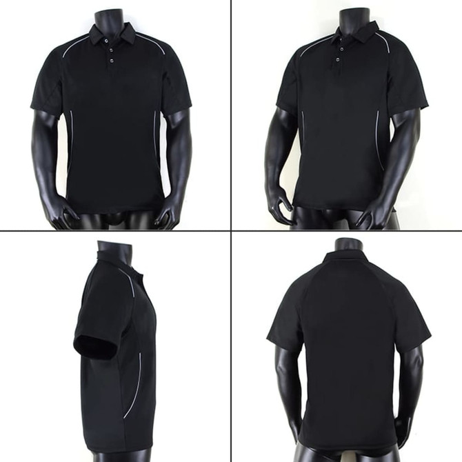 A black polo shirt featuring white accent lines, displayed from multiple angles on a mannequin. It includes a logo.