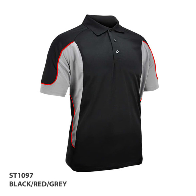 A polo shirt in black, red, and grey with a contrasting design and a logo on the chest area.