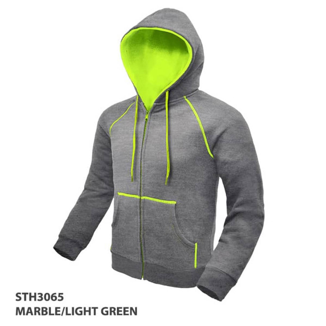 A grey hoodie with a light green interior, featuring a zip and front pockets, and a logo.