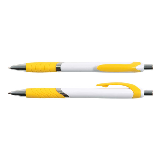 A white and yellow Vespa Pen with a sleek design, featuring a comfortable grip and a click mechanism.