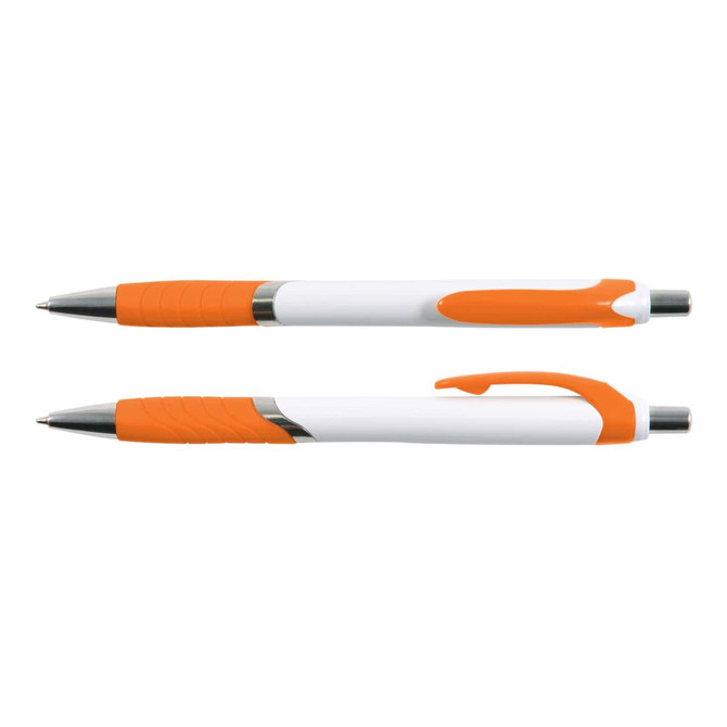A pen featuring a white body with orange accents and a textured grip. The pen has a logo present.
