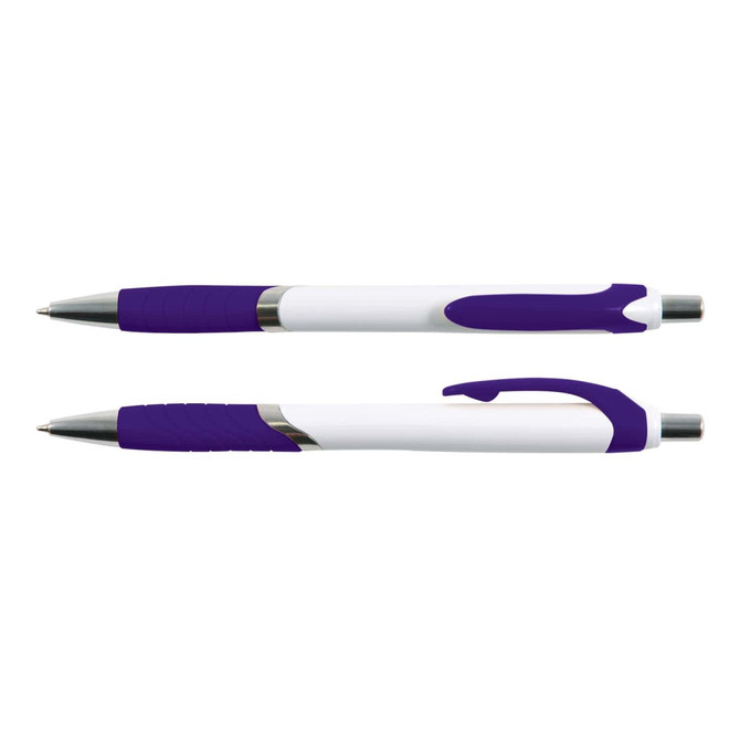 A purple and white pen with a comfortable grip, featuring a silver-colored nib and a branding logo.