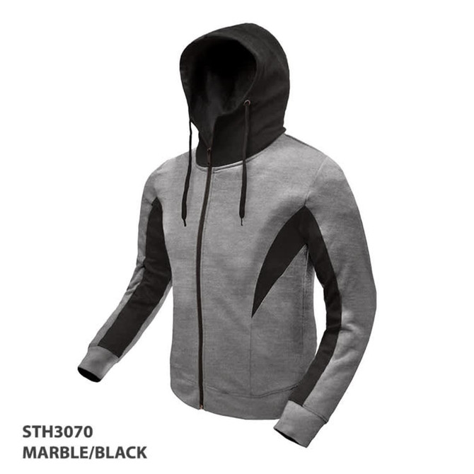 A grey and black hooded jumper featuring a zip front and stylish design elements. It has a logo on the garment.