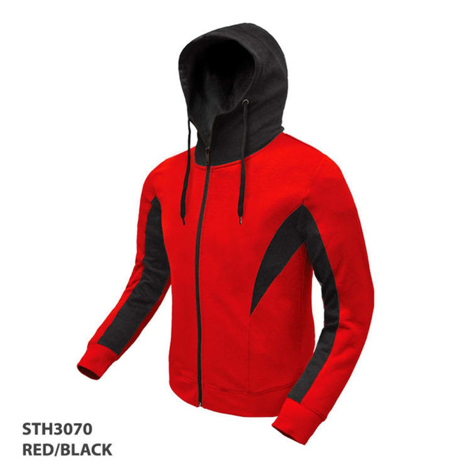 A red and black hoodie featuring a zip front and a hood, with a logo on the garment.
