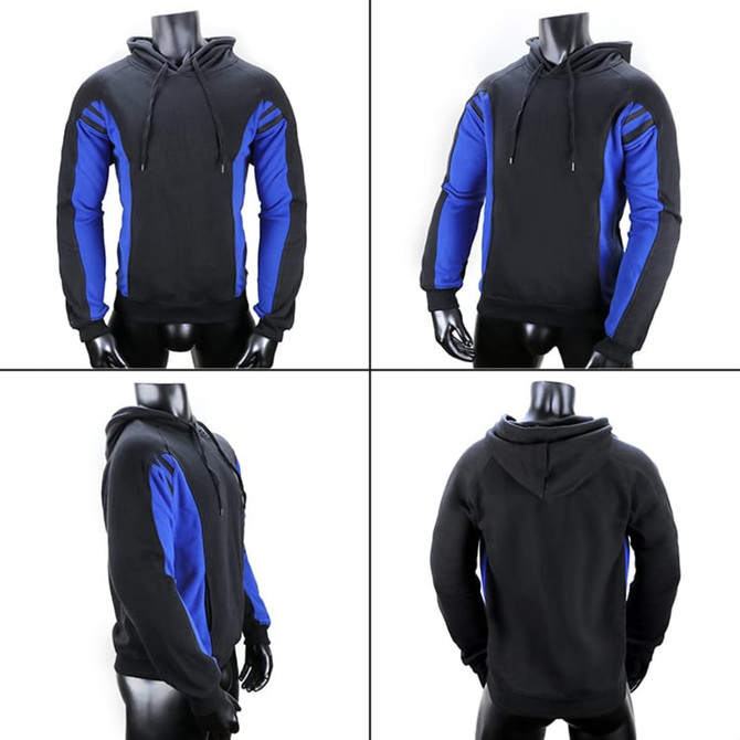 A black and blue hoodie featuring a hood, long sleeves, and a logo on the front.