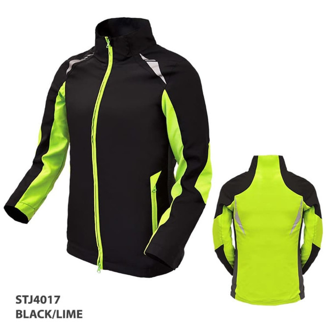 A black and lime jacket featuring reflective stripes and zippered pockets, with a logo displayed on the front.