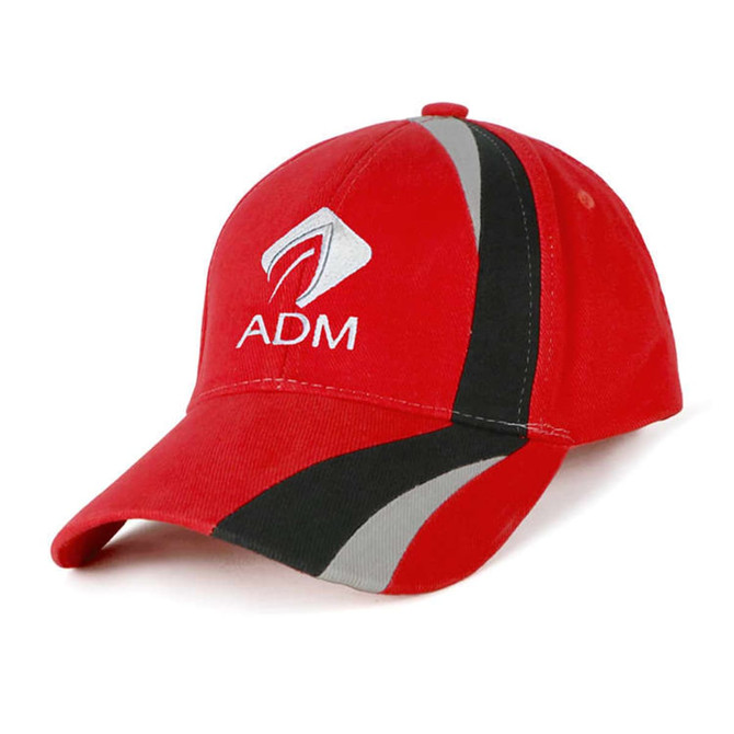 A red cap with grey and black accents, featuring a logo on the front.