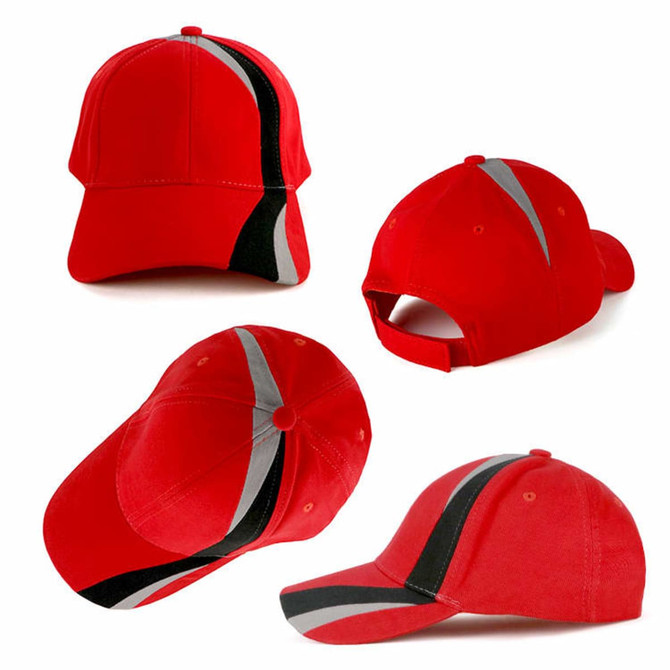 A red cap featuring a contrasting black and grey design, with multiple angles displayed. It has a logo on it.