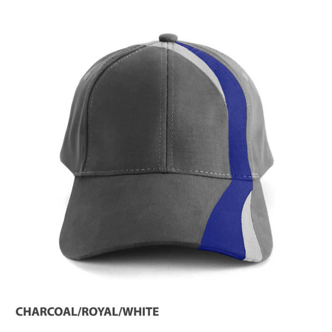 A charcoal cap featuring a blue and white design, with a branded logo on the front.