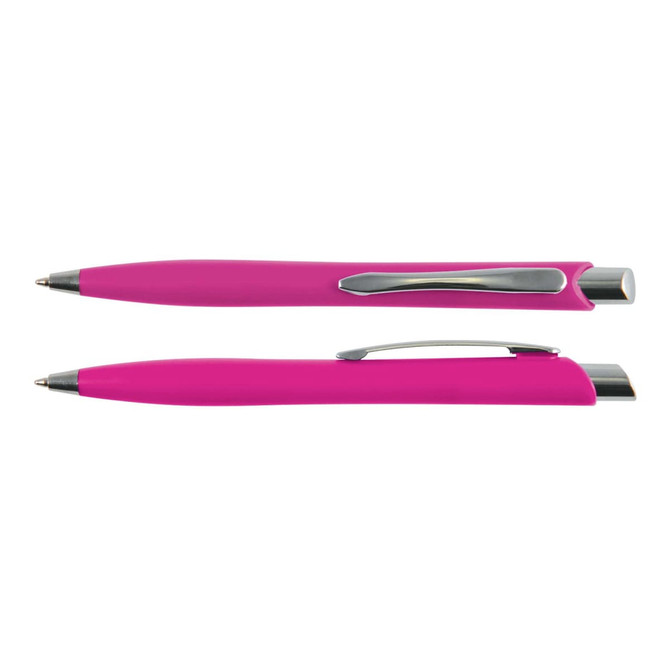 A pink plastic pen, the Stingray Pen, featuring a sleek design with a metal clip and tip.