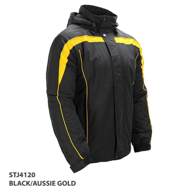 A black jacket with yellow detailing and a hood, featuring a logo, displaying a stylish design.
