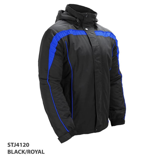 A black jacket with royal blue accents and a hood, featuring a logo on the left side.