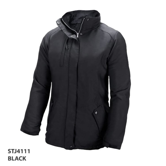 A black jacket with a high collar, zip closure, and multiple pockets, featuring branding.