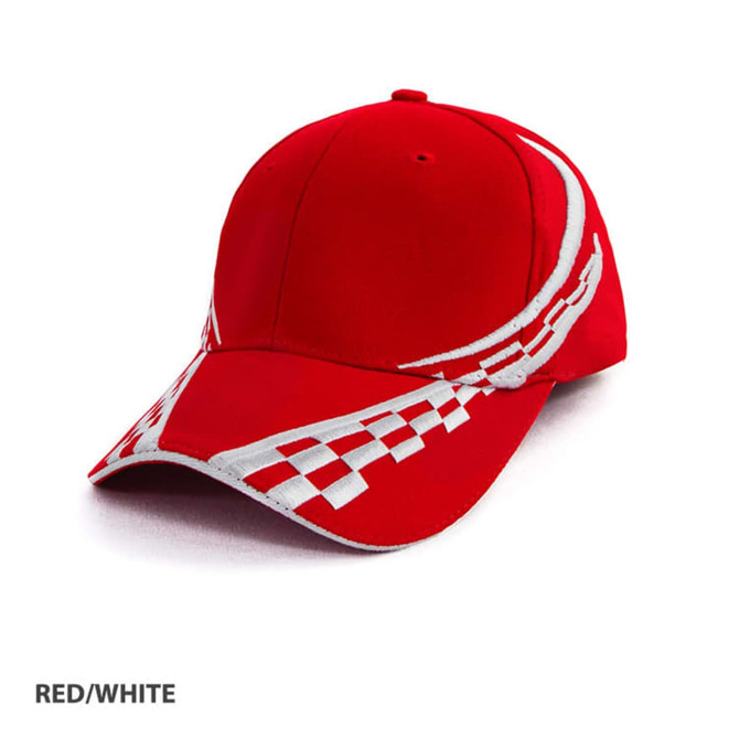 A red and white cap with a checkered pattern and a logo on the front.