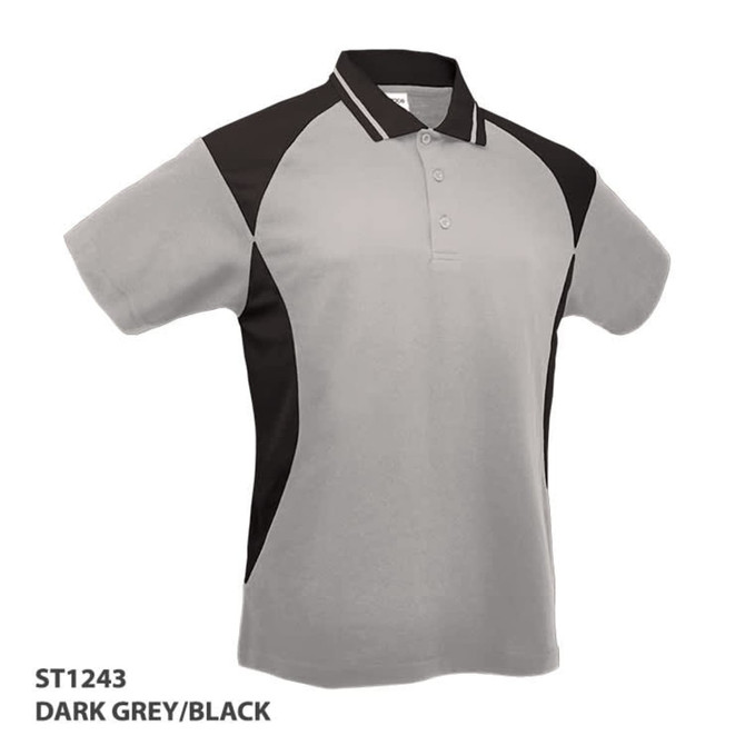 A polo shirt in dark grey with black accents, featuring a collar and short sleeves. It has a logo on the chest.