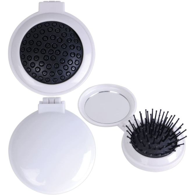 A compact pop-up brush and mirror set in white, featuring a brush with black bristles and a round mirror.
