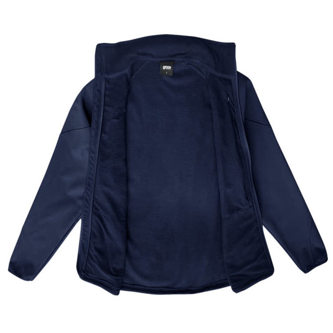 A navy Vista Jacket featuring a zippered front and an interior layer for warmth. It has a logo on the inside.