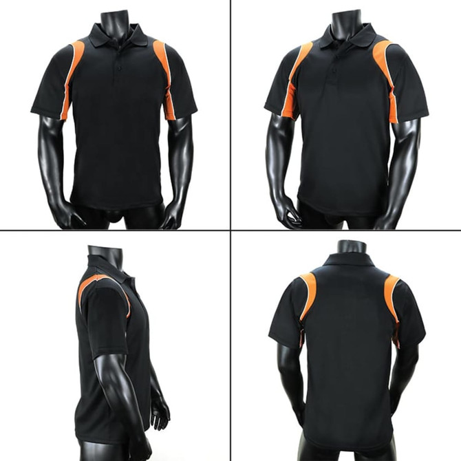 A black polo shirt featuring orange accents, displayed from multiple angles on a mannequin. The shirt has a logo.