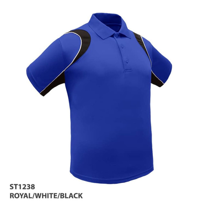 A royal blue polo shirt with black and white accents. The shirt features a logo on the chest area.
