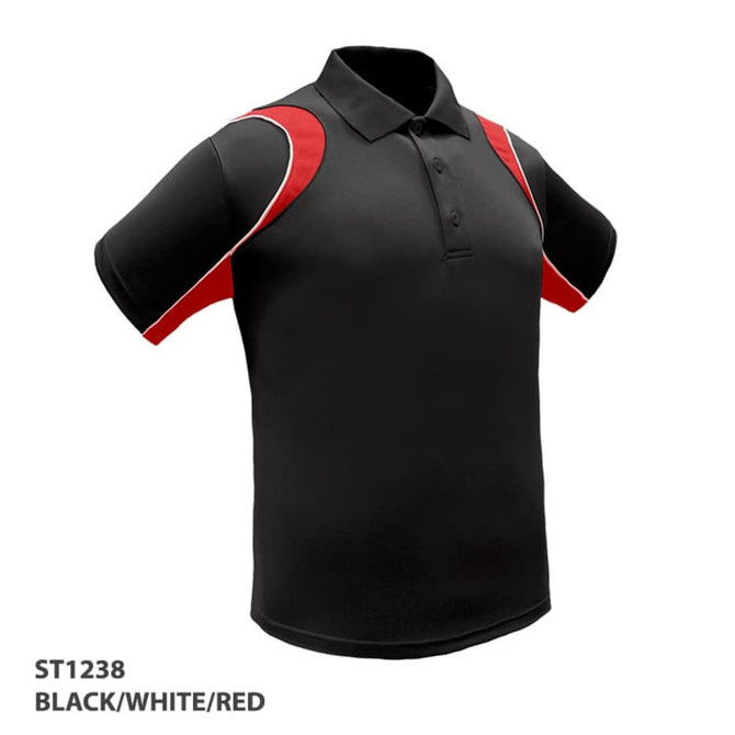 A black polo shirt with red and white accents, featuring a collar and short sleeves, plus a logo.