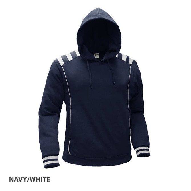 Navy hoodie featuring white stripes and a hood, with a logo on one side.