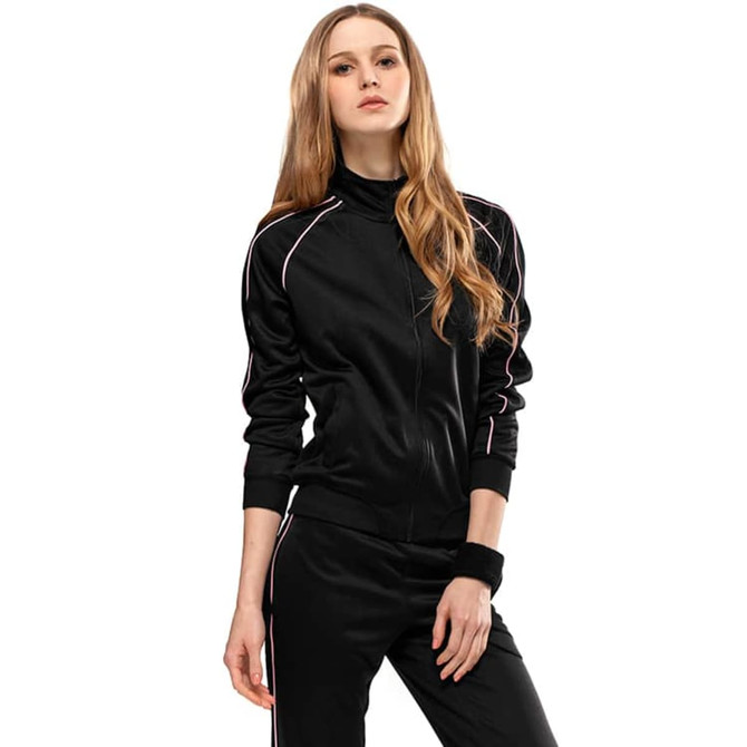 A black jacket with a zip front and contrasting pink stripes along the sleeves, featuring a logo.