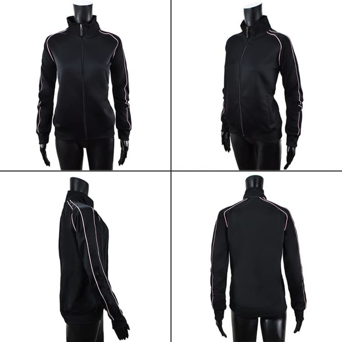 A black jacket with contrasting trim, featuring a zip front and a stand-up collar. Designed for a sleek fit and style.