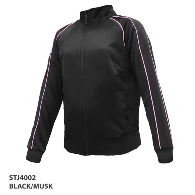 A black jacket with musk pink stripes, featuring a zip-up front and a standing collar. It has a logo on it.