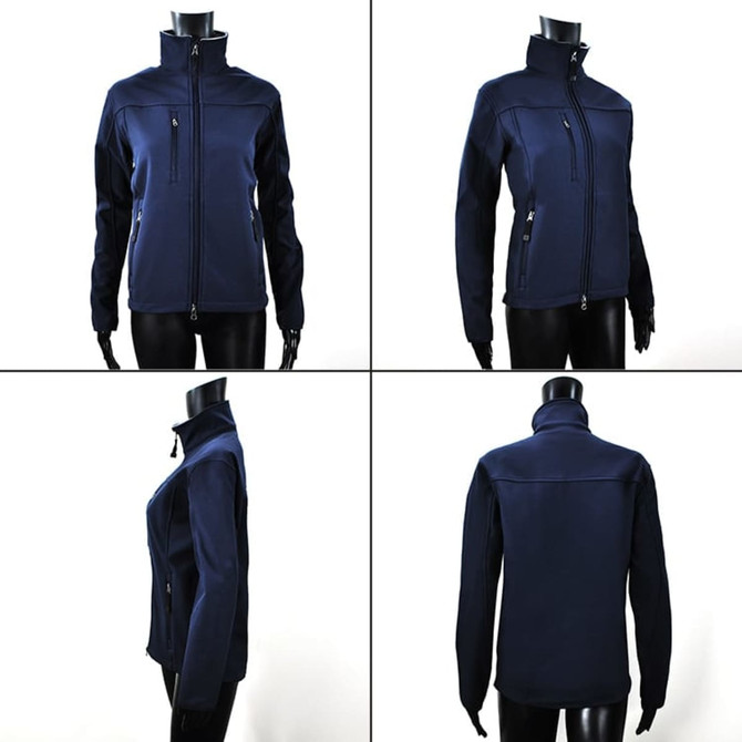 A navy soft shell jacket displayed from multiple angles. The jacket features a zippered front and pockets, and includes a logo.